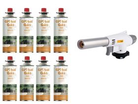 Kit Maçarico Automático Portátil Pro Branco Gourmet Com Controle de Chama + 8 Recrgas de Gás