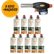 Kit maçarico culinário automático controle chama + 9 refil gás butano globalmix solda artesanato