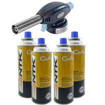 Kit Maçarico Culinário Gourmet Portátil Auto Acendimento E Regulagem De Chama +4 Refil Gás 227g