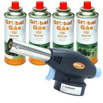 Kit maçarico portatil com controle de chama - gt6019 + 4 recargas de gas cozinha solda artesanato