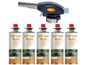 Kit maçarico portatil com controle de chama - gt6019 + 5 recargas de gas cozinha solda artesanato - Globalmix