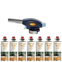 Kit maçarico portatil com controle de chama - gt6019 + 7 recargas de gas cozinha solda artesanato