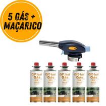 Kit maçarico portatil culinário controle de chama + 5 refil gás butano globalmix solda artesanato