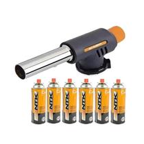Kit maçarico portatil grafite automatico manual solda artesanato culinário + 6 refil gás butano 227g