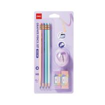 Kit Macaron 4 lápis HB + 2 borrachas + 1 apontador Deli