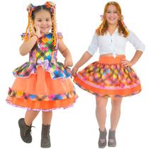 Kit Mãe e Filha Festa Junina - Vestido + Saia Adulta Tule Laranja - Moderna Meninas