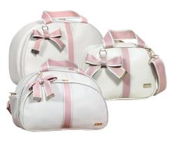 Kit mala bolsa e frasqueira maternidade Lyssa Baby Coleção Laços cor marfim com ala rosé e palha