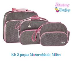Kit Mala + Bolsa G + Bolsa P Maternidade Milão Cinza/Rosa - KM+0009