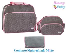 kit Mala + Bolsa Pequena + Trocador Maternidade Cinza/Rosa