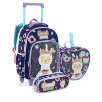 Kit Mala Mochila Escolar com Rodinhas, Lancheira Termica e Estojo Duplo, Meninas - Lhama Kit Mala Mochila Escolar com Rodinhas, Lancheira Termica e Estojo Duplo, Meninas - Lhama