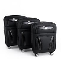 KIT MALAS VIAGEM RIGIDAS 3 PEÇAS PRETA EXPANSIVEL 4 RODAS GIRATORIAS 360º CADEADO SENHA BOLSO FRONTAL TAMANHOS P M G
