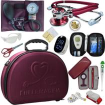 Kit Maleta Enfermagem Aparelho de Pressão Estetoscópio Aneroide Medidor de Glicose Completo Premium
