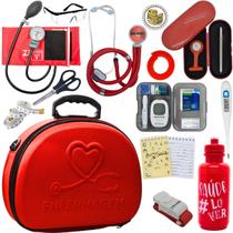 Kit Maleta Enfermagem Aparelho de Pressão Estetoscópio Aneroide Medidor de Glicose Pa Med