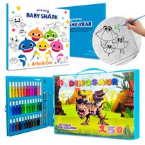 Kit Maleta Estojo Pintura 150 Peças e Livro BabyShark Desenhos P/Colorir Infantil Personagem Pinkfong