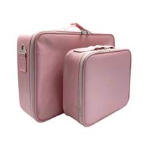 Kit Maleta Maquiagem Case Profissional Makeup Organizador Divisórias Rosa Pequena + Grande