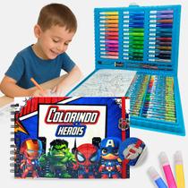 Kit Maleta Pintura Dinossauros 150Pçs e Livro Heróis 50 Desenhos para Colorir