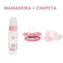 Kit Mamadeira Bico Ortodôntico 240ml + Chupeta de Silicone Fase 1 C/ Capuz - Pais e Filhos