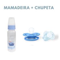 Kit Mamadeira Bico Ortodôntico 240ml + Chupeta de Silicone Fase 1 C/ Capuz - Pais e Filhos