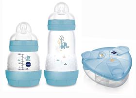 Kit Mamadeira Mam Easy Start Anticolica 130 e 260ml + Porta leite em Pó Dosador Com 3 Divisórias Azul
