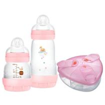 Kit Mamadeira Mam Easy Start Anticolica Starter Set 130 e 260ml + Porta leite em Pó Dosador Com 3 Divisórias Rosa