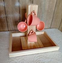 Kit mancebo porta xícaras e bandeja pinus cantinho do café