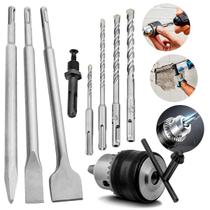 Kit Mandril, 04 Brocas, 2 Talhadeira E Ponteiro Para Martelete + Adaptador Sds Plus