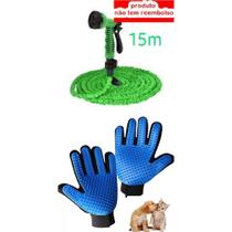 Kit mangueira de jardim magica pode chegar ate 15 metros flexível antitorção e retrátil com esguicho + Luva Escova Nano Magnética Tira Pelos Dos Pets Cães E Gatos