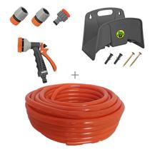 Kit mangueira siliconada 20m para jardim laranja com esguicho 6 jatos e engate rapido e suporte tramontina Kit mangueira siliconada 20m para jardim laranja com esguicho 6 jatos e engate rapido e suporte tramontina
