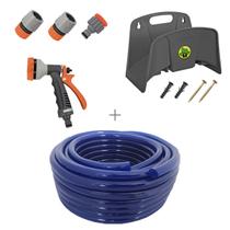 Kit mangueira siliconada 30m para jardim azul com esguicho 6 jatos e engate rapido e suporte tramontina Kit mangueira siliconada 30m para jardim azul com esguicho 6 jatos e engate rapido e suporte tramontina