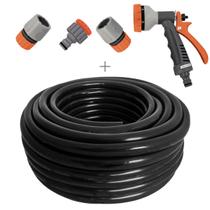 Kit mangueira siliconada 30m resistente ao sol para jardim preta com esguicho 6 jatos e engate rapido tramontina