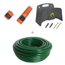 Kit mangueira siliconada 50m para jardim verde com esguicho e engate rosqueavel e suporte tramontina