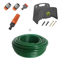 Kit mangueira siliconada para jardim verde 50m com esguicho e engate rapido e suporte tramontina