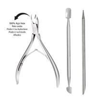 kit manicure alicate de unha e cutícula profissional + espatula inox manicure. 3 peças