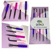 Kit Manicure Pedicure 5 Instrumentos Espátula e Palito, Desencravador, Bastão Inox Aiko Lavanda