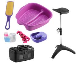 Kit Manicure Pedicure Tripé Maleta Tigela mão Bacia Pés Lixa Separador Porta acetona algodão Dompel - Rosa