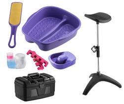 Kit Manicure Pedicure Tripé Maleta Tigela mão Bacia Pés Lixa Separador Porta acetona algodão Dompel - Roxo