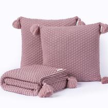 Kit Manta Casal Sala Sofa Pompom 180X60 + 2 Capas 45X45 Rose