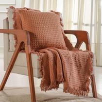 Kit Manta E 2 Almofada Decorativa Para Sofá Waffle 100% Algodão 120x150cm Terracota