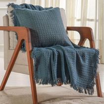 Kit Manta E Almofada Decorativa Para Sofá Waffle 100% Algodão 120x150cm Azul Cobalt