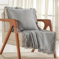 Kit Manta E Almofada Decorativa Para Sofá Waffle 100% Algodão 120x150cm Platina