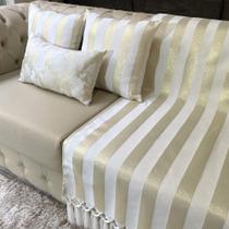 Kit Manta Listrado, 2 Capas de Almofada e 1 Almofadas Retangular Luxo Branco com Dourado 45cmx45cm