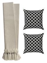 Kit Manta Para Sofá Cama Bege 2,20m + 2 Capas De Almofada Geométricas