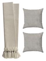 Kit Manta Para Sofá Cama Luxo 2,20m + 2 Capas De Almofadas Bege Cru