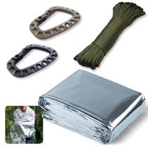 Kit Manta Termica Aluminizada para Emergencia + Par de Mosquetao Quick Tatic + Paracord Corda 10 M Verde Nautika