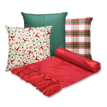 Kit Manta Xale de Sofá Natalina com 3 Almofadas Cheias Decorativas de Natal