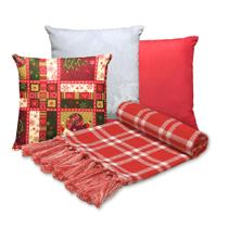 Kit Manta Xale de Sofá Natalina Xadrez com 3 Capas de Almofadas Decorativas de Natal