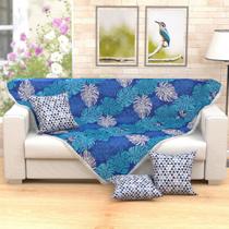 Kit Manta Xale para Sofá Azul Floral Estampado 1,50m x 1,50m + 3 Almofadas Decorativas 45cm x 45cm com refil - Moda Casa Enxovais