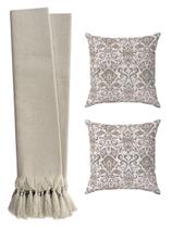 Kit Manta Xale Para Sofá Luxo Bege Cru + 2 Capas De Almofadas Kit Manta Xale Para Sofá Luxo Bege Cru + 2 Capas De Almofadas