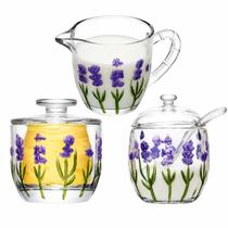 Kit Manteigueira Açucareiro Leiteira Lavanda Hand Painting Cristal Conjunto com 3 Peças Cozinha Mesa Posta Luxo Vidro Kit Manteigueira Açucareiro Leiteira Lavanda Hand Painting Cristal Conjunto com 3 Peças Cozinha Mesa Posta Luxo Vidro