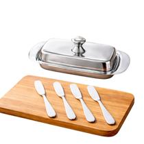 Kit Manteigueira Retangular Inox Tampa + 4 Espátula Inox